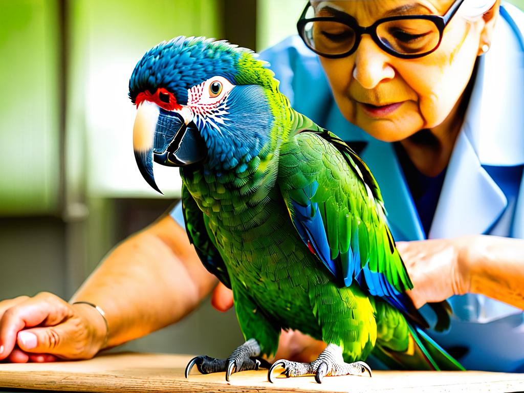 Ветеринар осматривает пожилого попугая