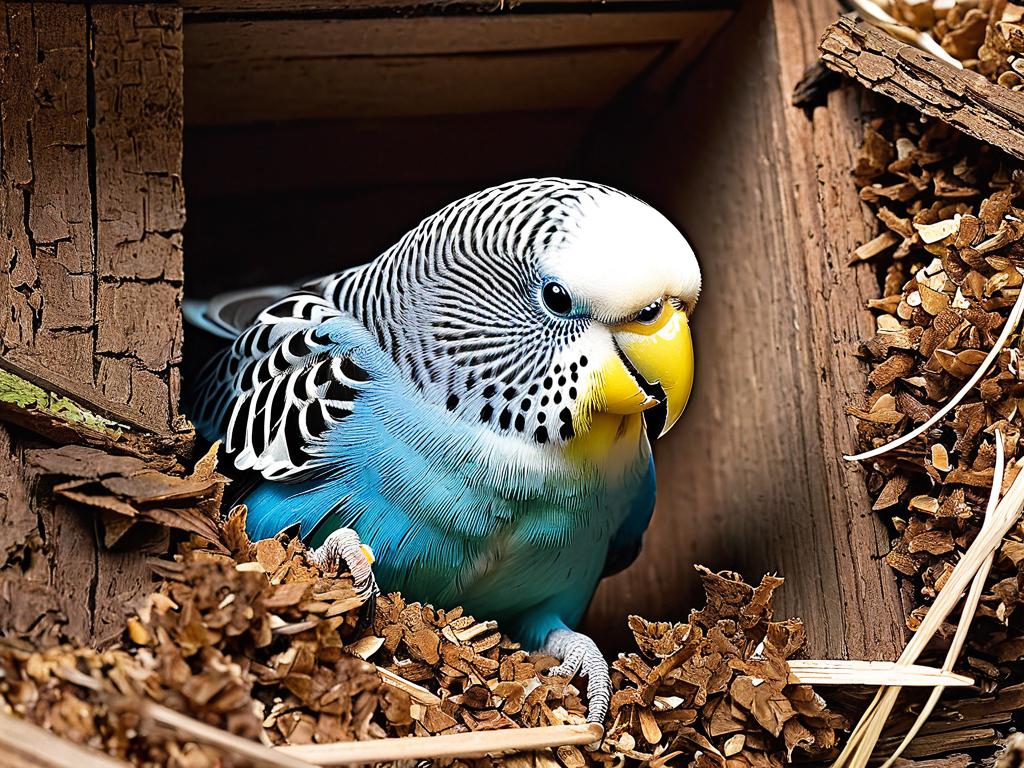 Волнистый попугай в домике для гнезда