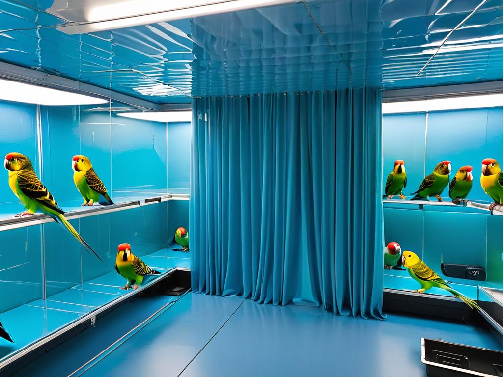 Комната подготовлена для первого выпуска попугая волнистого - окна закрыты, зеркала занавешены,