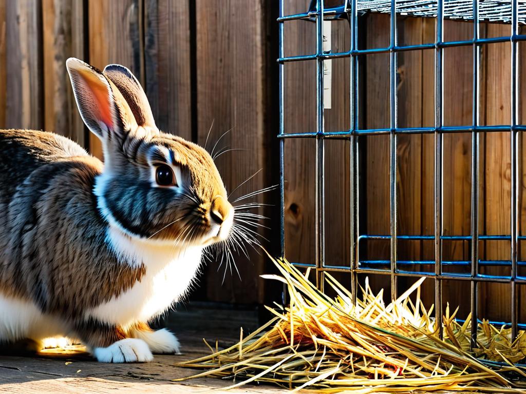Кролик ест сено из кормушки в клетке на фоне деревянной стенки