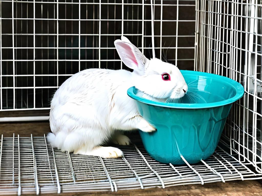 Белый кролик пьет воду из миски в проволочной клетке