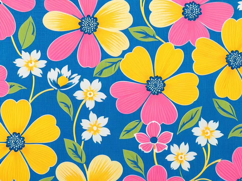 Крупный план лоскута ткани с ярким весенним цветочным принтом в оттенках желтого, голубого и