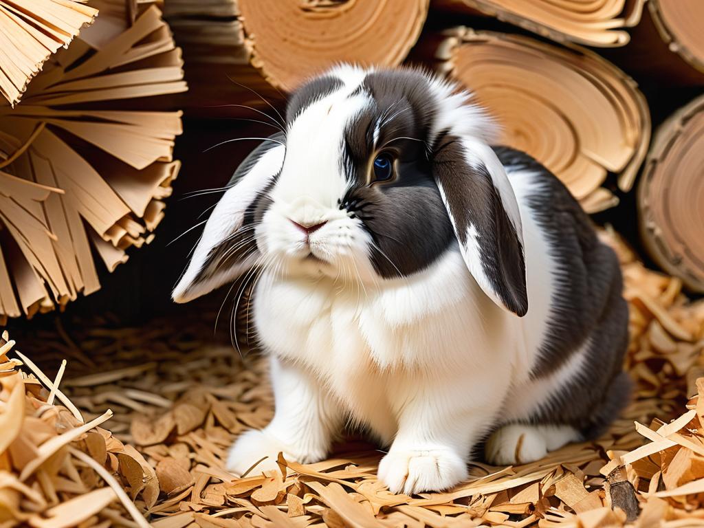 Вид сбоку очаровательного карликового вислоухого кролика, сидящего в древесных опилках и смотрящего