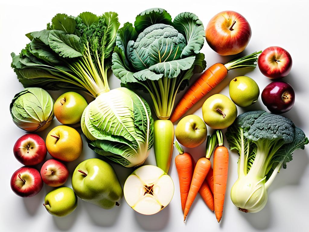 Вид сверху на овощи и фрукты на белом фоне. Морковь, капуста, яблоки, груши. Ингредиенты для