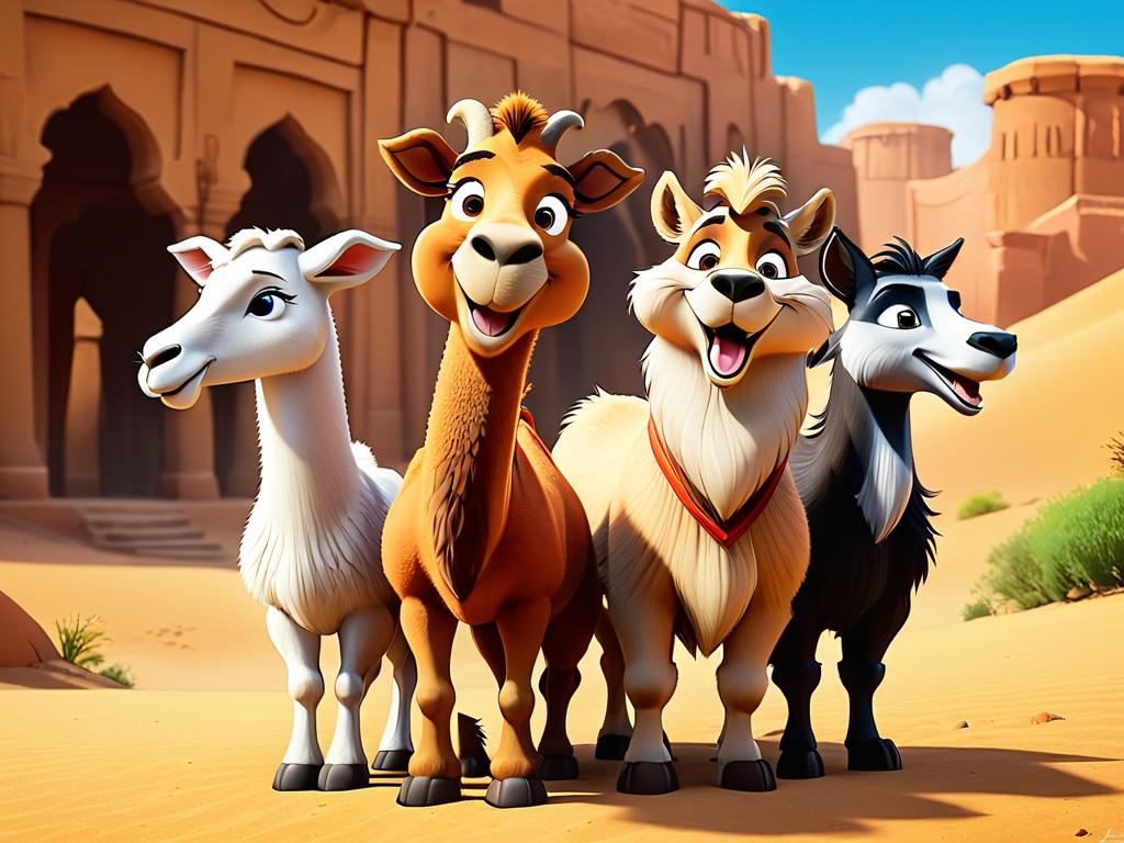 На изображении главные герои мультфильма – верблюд, козел и лиса веселятся вместе