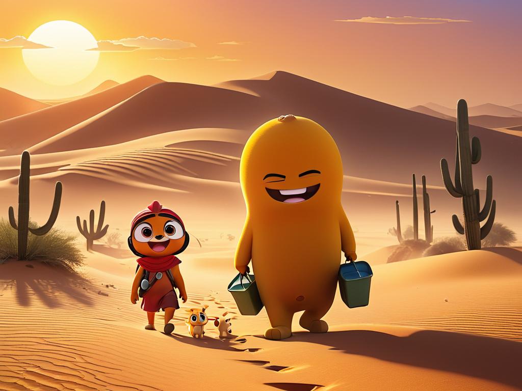 Персонажи мультфильма путешествуют по жаркой пустыне, но поддерживают и помогают друг другу в этом