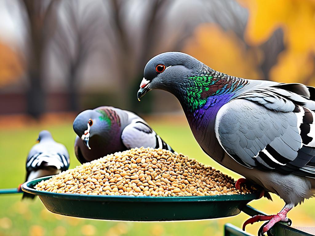 Голуби едят зерно из кормушки на улице