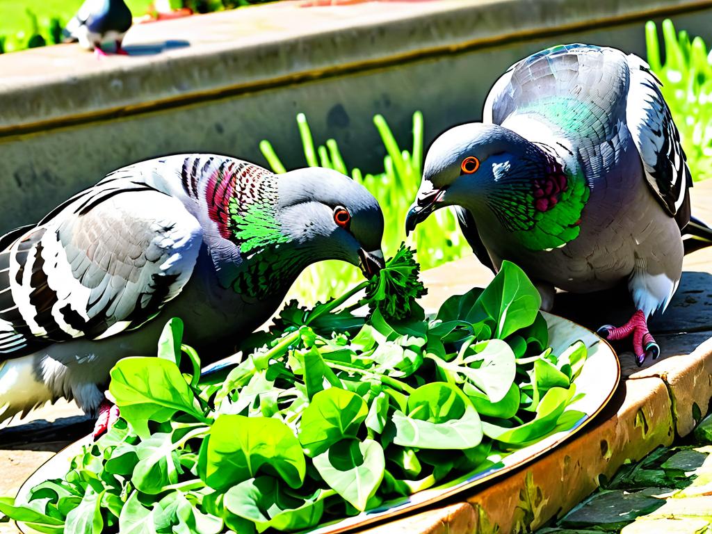 Голуби поедают свежую зелень с тарелки