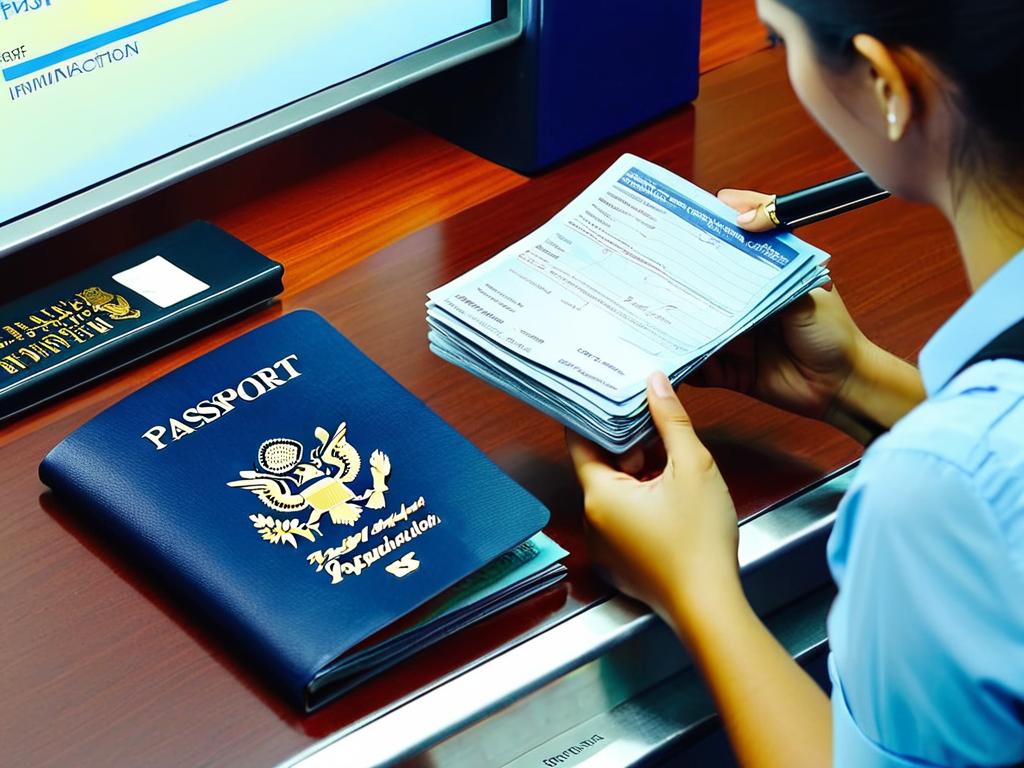 Сотрудник пограничного контроля проверяет паспорт на стойке паспортного контроля в аэропорту.