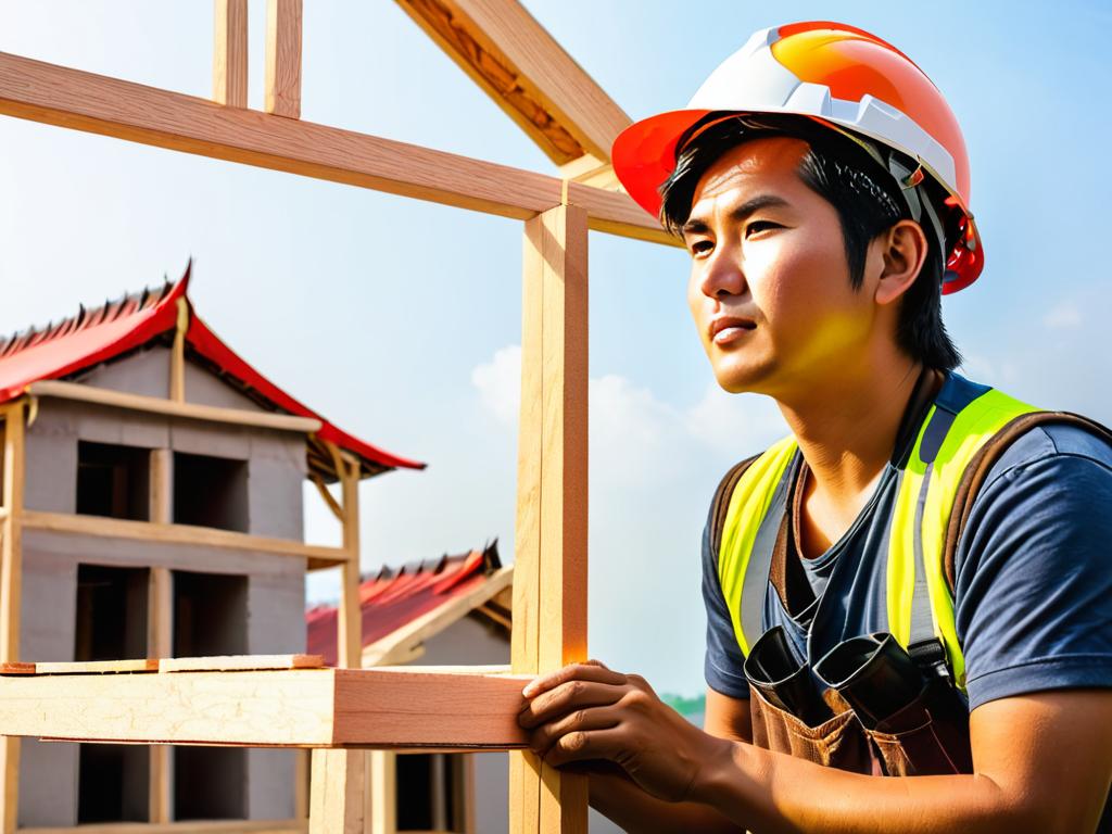 Азиатский рабочий-мигрант в каске строит дом. Концепция иммиграции, строительства и тяжелой работы.