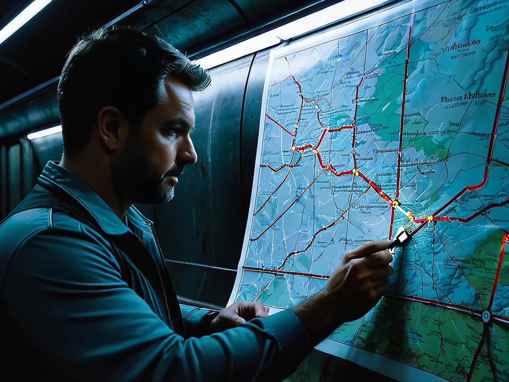 Мужчина смотрит на карту при свете фонарика в темном тоннеле метро, планируя свои дальнейшие