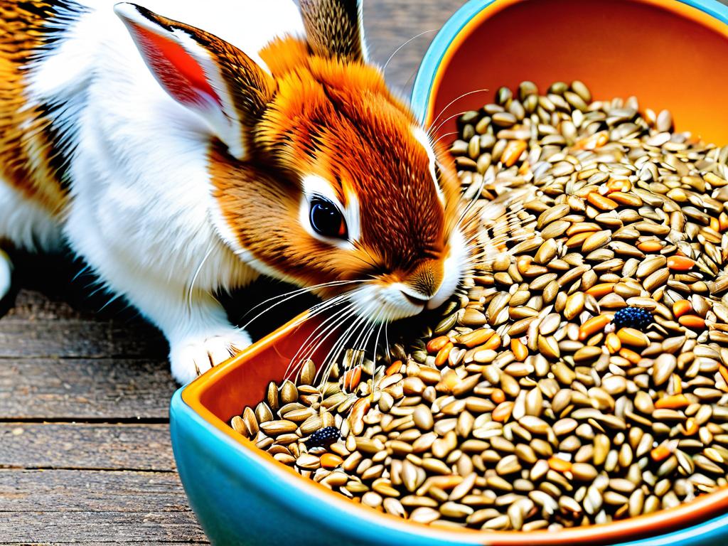 Кролик ест смесь злаков из миски. Более 5 слов описания на русском