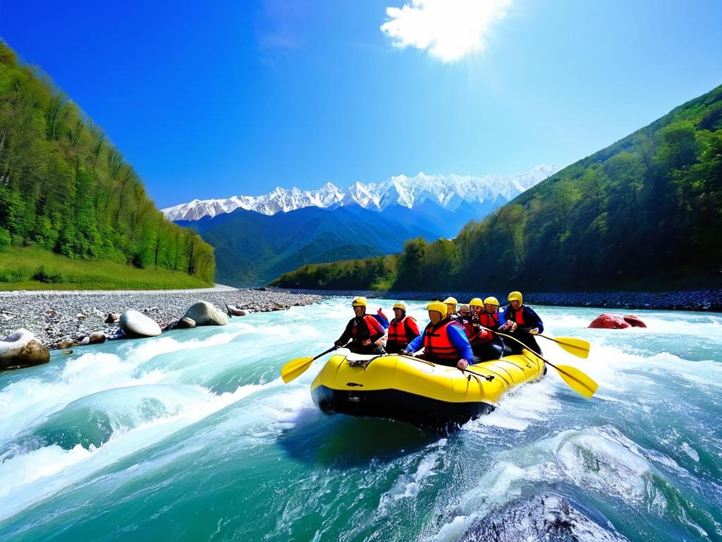 Туристы сплавляются на байдарках по горной реке около Сочи