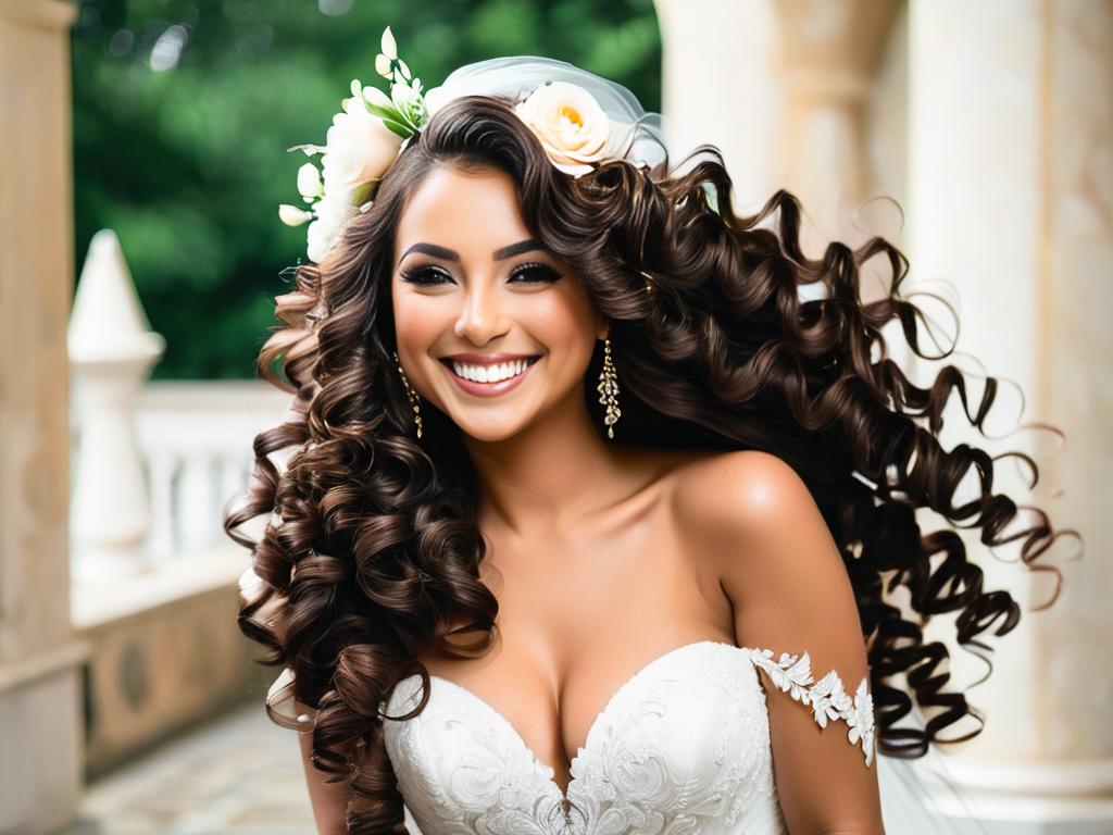 Невеста с длинными кудрявыми волосами улыбается и прикосается к волосам