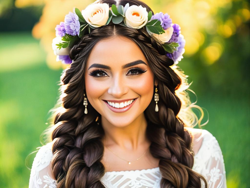 Невеста с длинной косой в венке из цветов улыбается