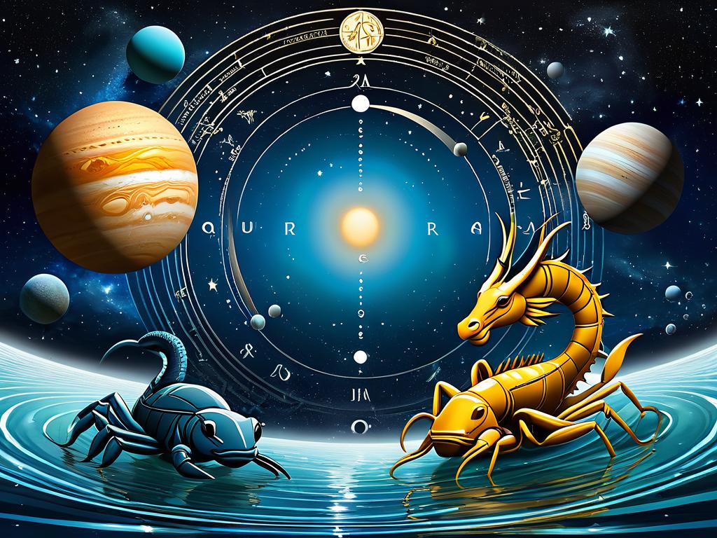 Художественное изображение знаков Водолей и Скорпион с планетами Уран и Плутон
