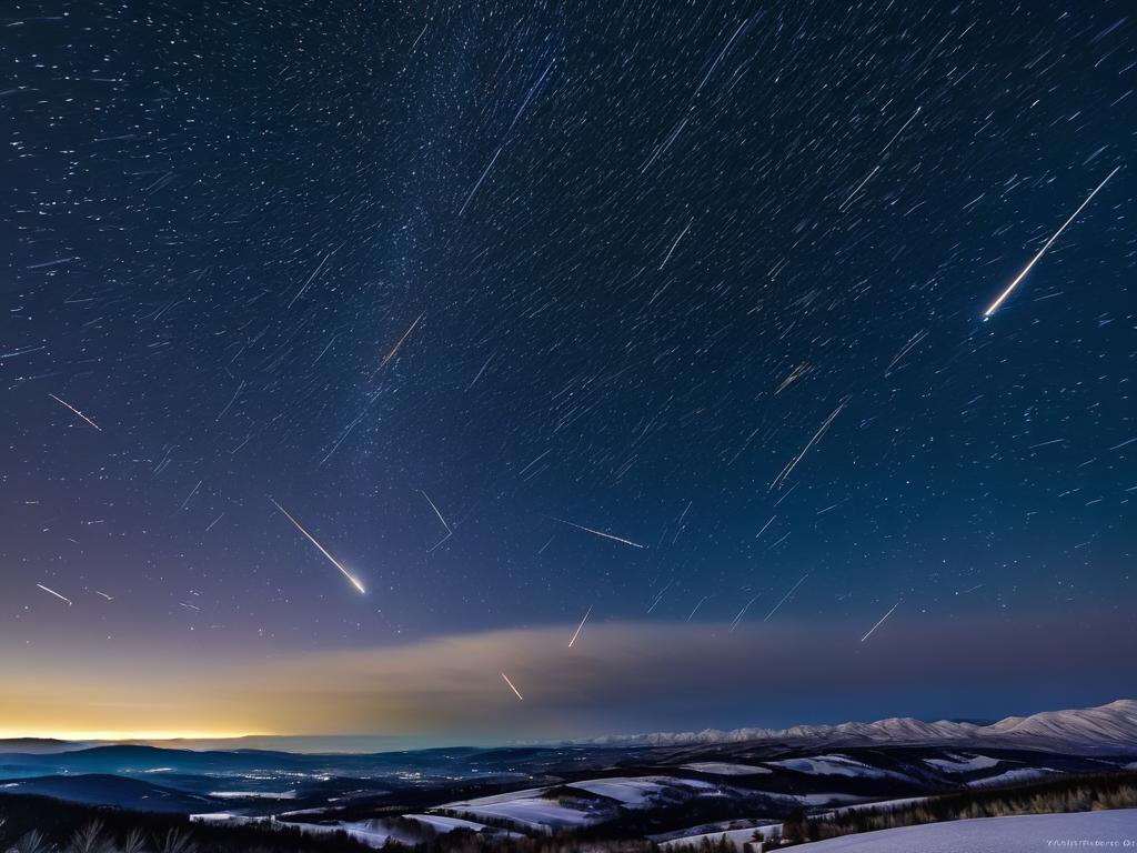 Новогодний звездопад Квадрантиды. Ночное небо полное падающих звезд.