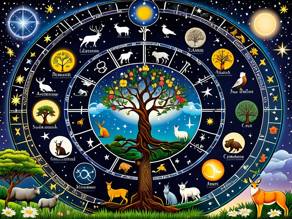 Астрологическая карта со знаками и символами гороскопа друидов - деревьями, цветами и животными на