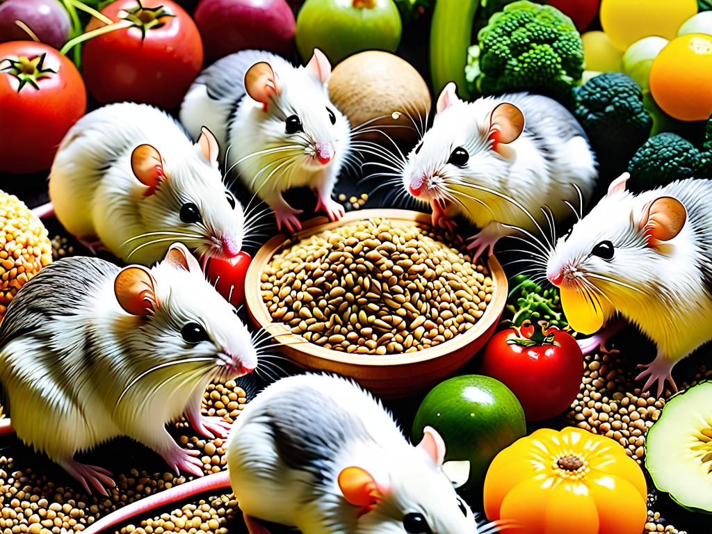 Фотография японских мышей, поедающих разнообразные корма - семечки, овощи и фрукты