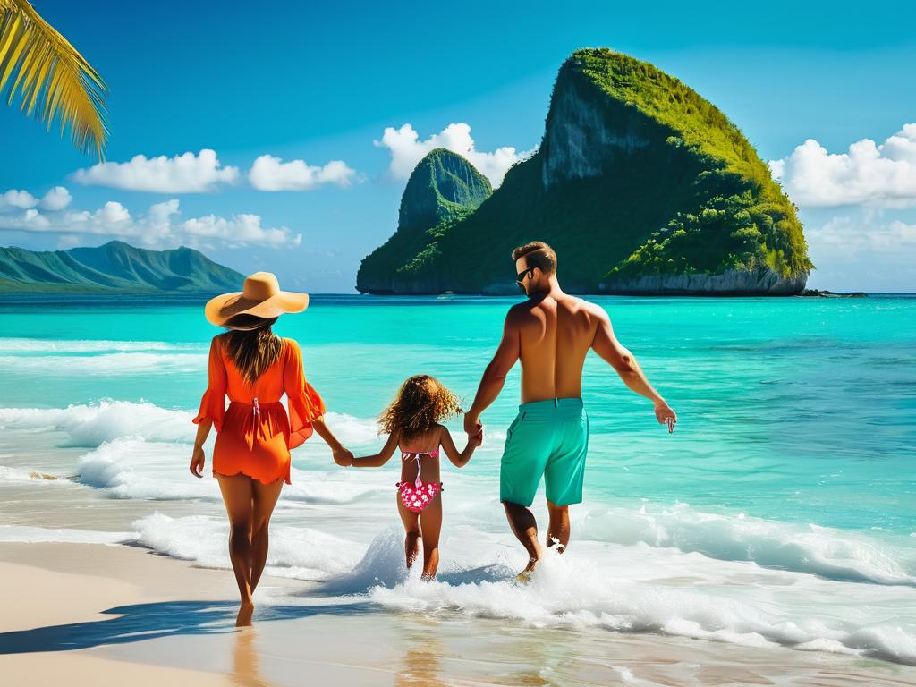 Счастливая семья с дочкой играет на тропическом пляже