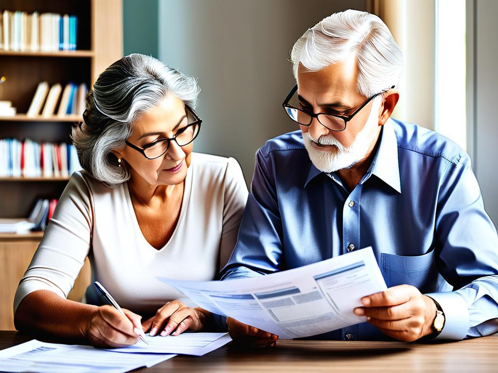 Пожилые мужчина и женщина изучают документы по пенсионным выплатам и надбавкам