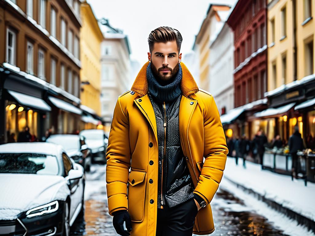 Модный мужчина в стильной зимней куртке идет по городу