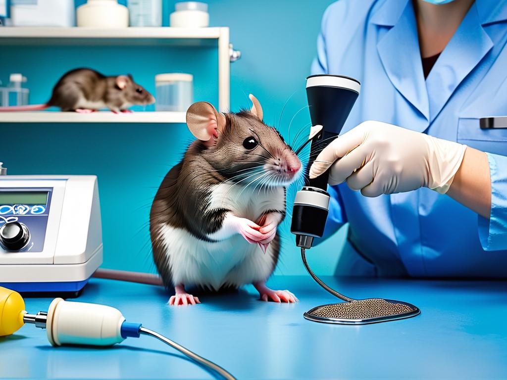 Ветеринарный врач осматривает декоративную крысу в клинике с использованием медицинского