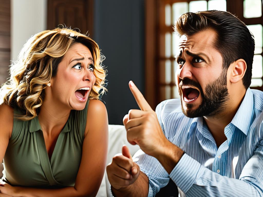 Женщина плачет, а мужчина кричит на нее и указывает пальцем из-за финансов