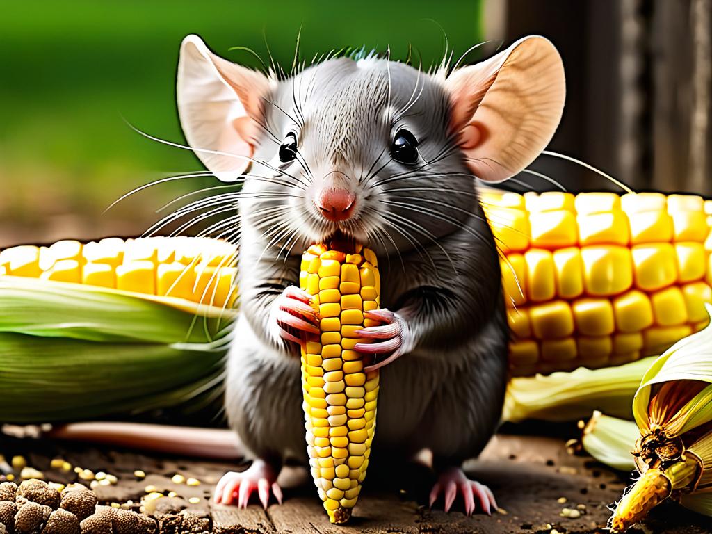 Крыса дамбо ест кусочек сладкой кукурузы с руки