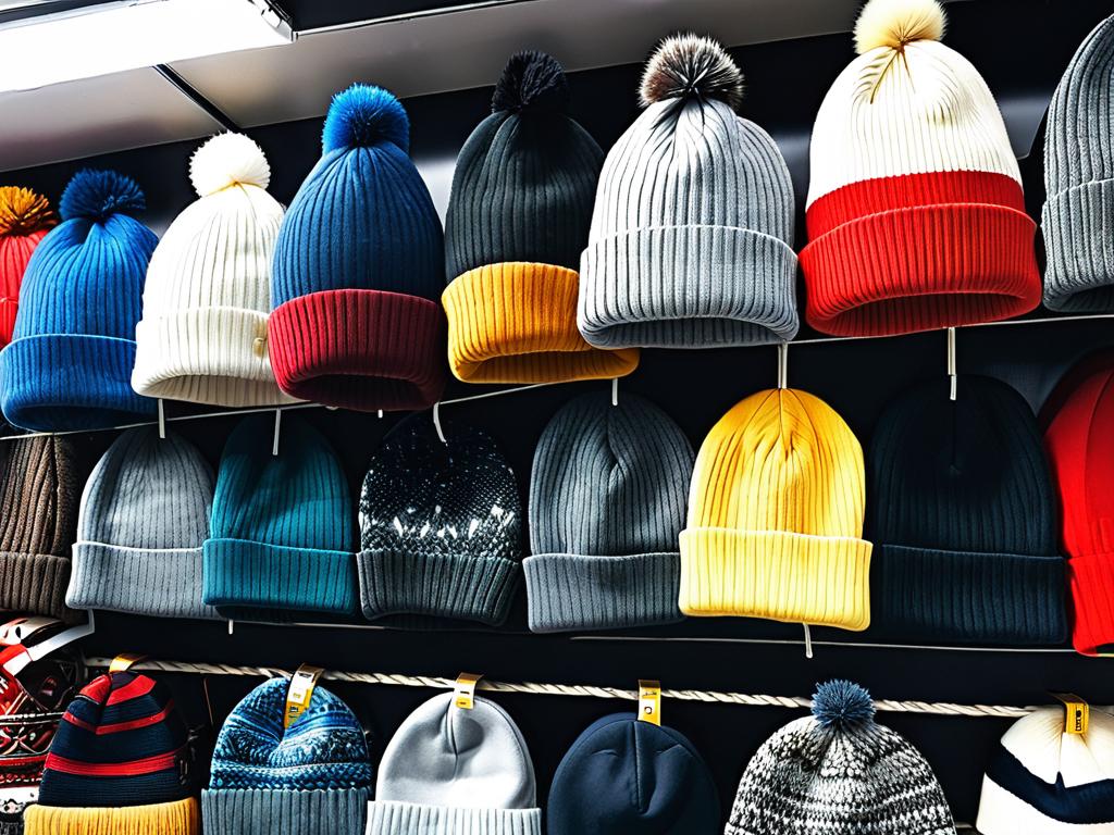 Фото магазина с полками разных мужских зимних шапок.