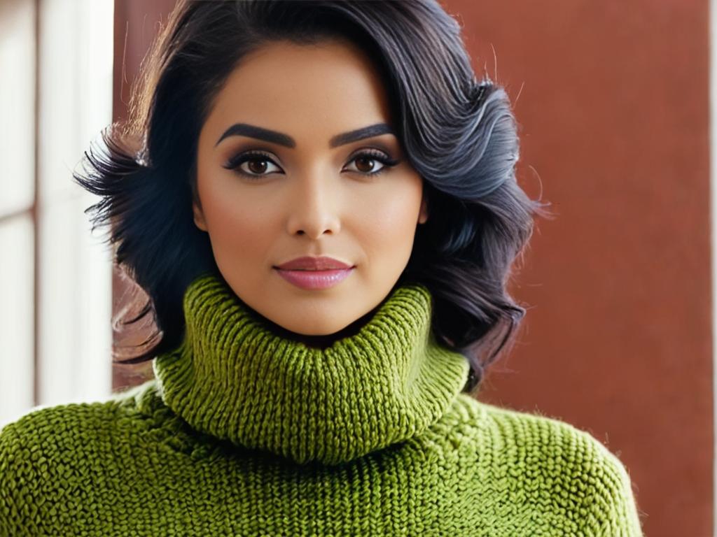 Женщина в вязаном свитере с высоким воротом смотрит в камеру