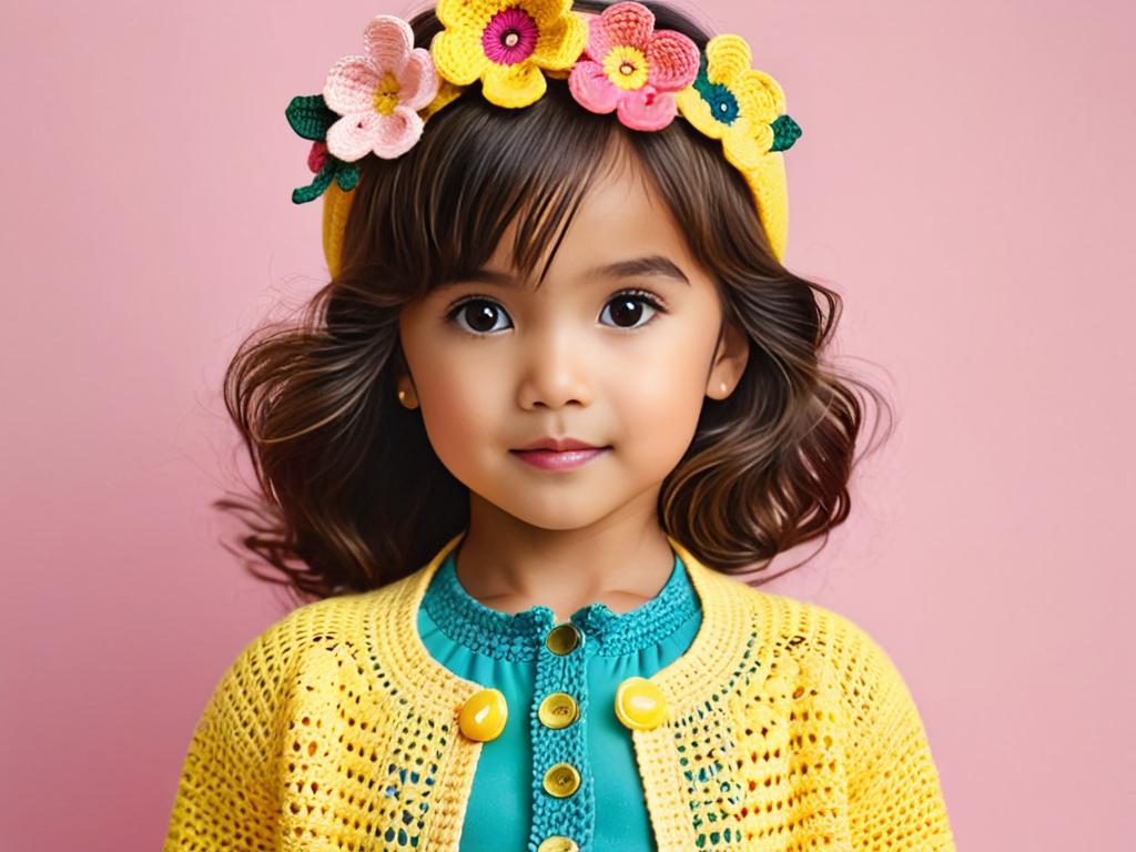 Девочка в желтом кардигане с цветочной аппликацией