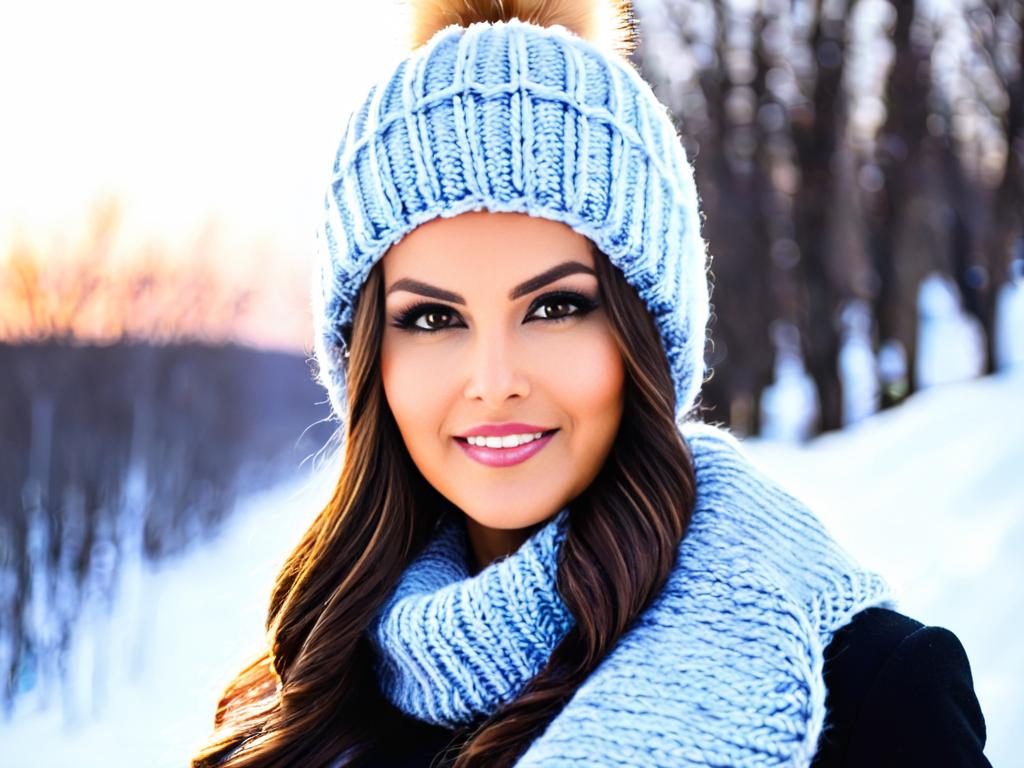 Девушка в вязаной меховой шапке на улице зимой