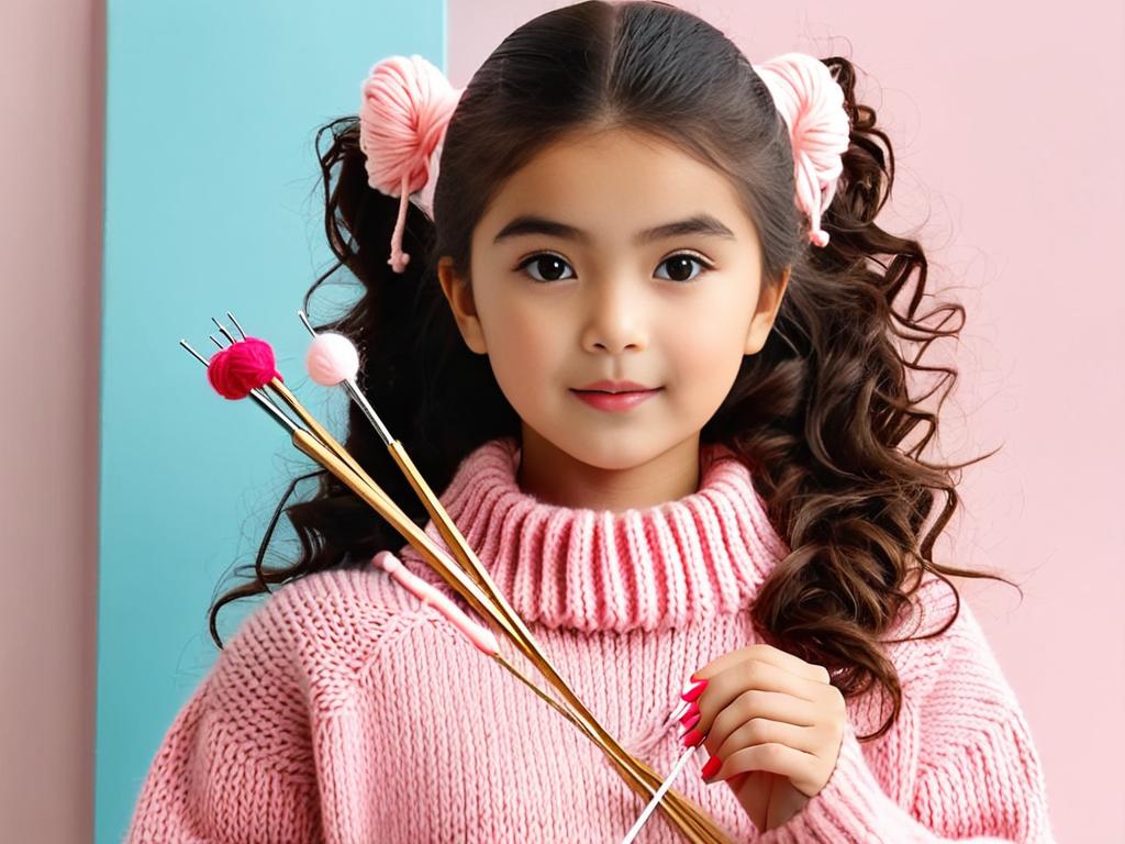 Девочка в розовом вязаном свитере со спицами