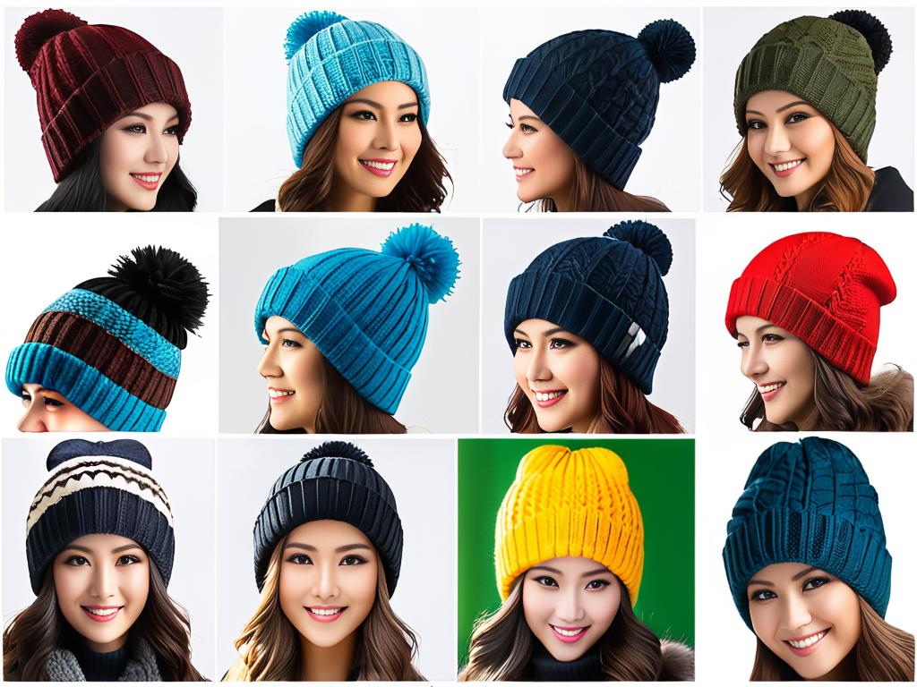 Связанные зимние шапки разных фасонов и цветов