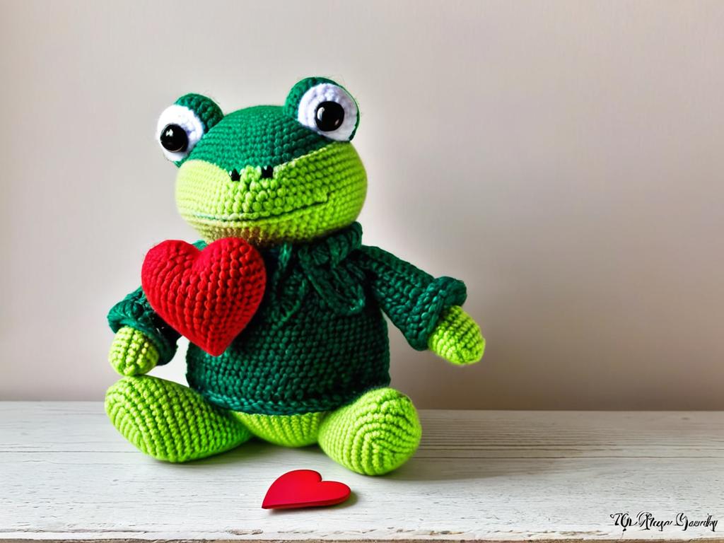 Ручная работа - вязаная крючком лягушка в зеленом свитере держит сердце