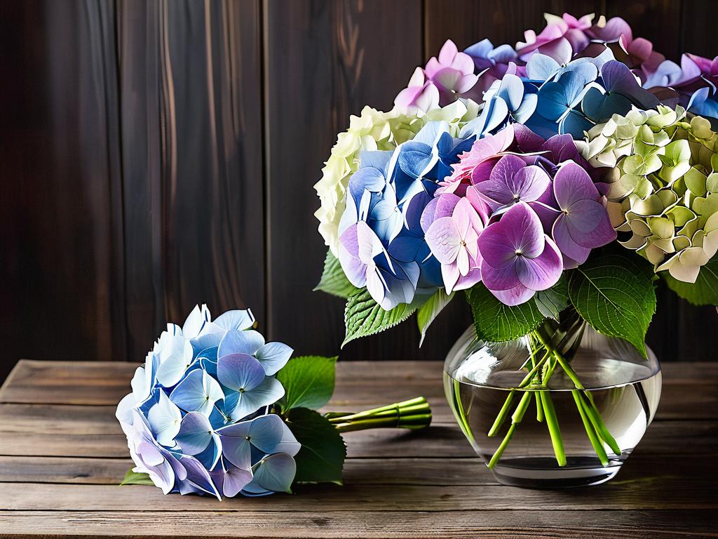 Красивый букет цветов гортензии Сбежавшая Невеста в вазе на деревянном столе, украшенном для свадьбы