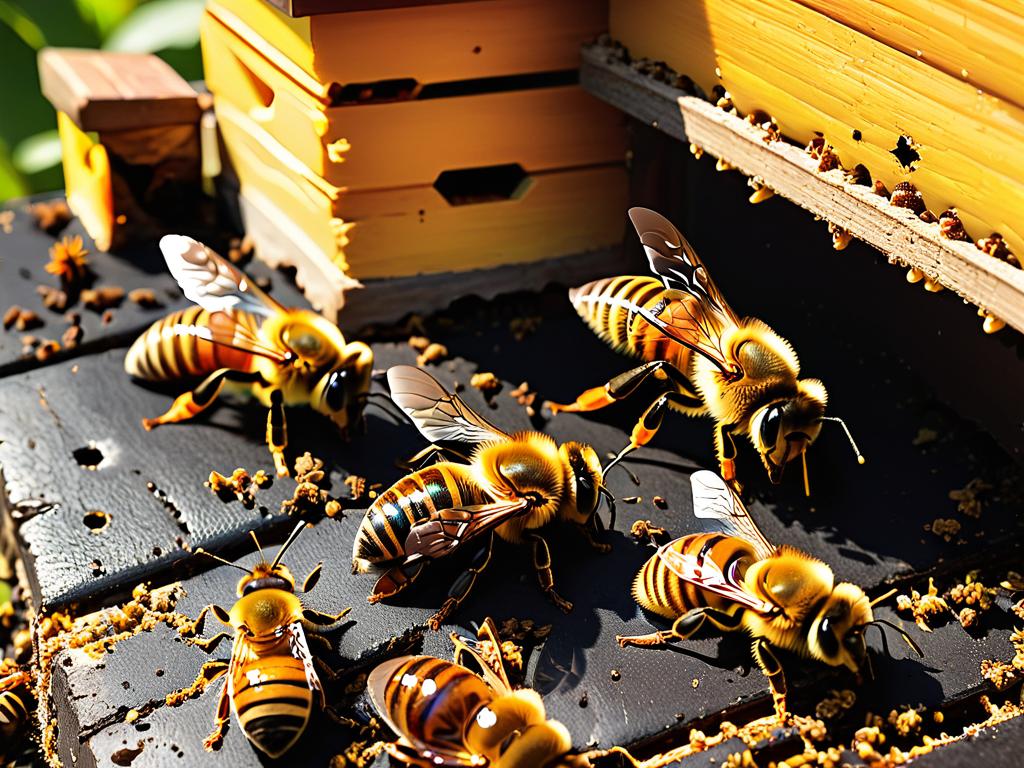 Погибшие пчелы возле улья, иллюстрация потенциальной опасности муравьиной кислоты