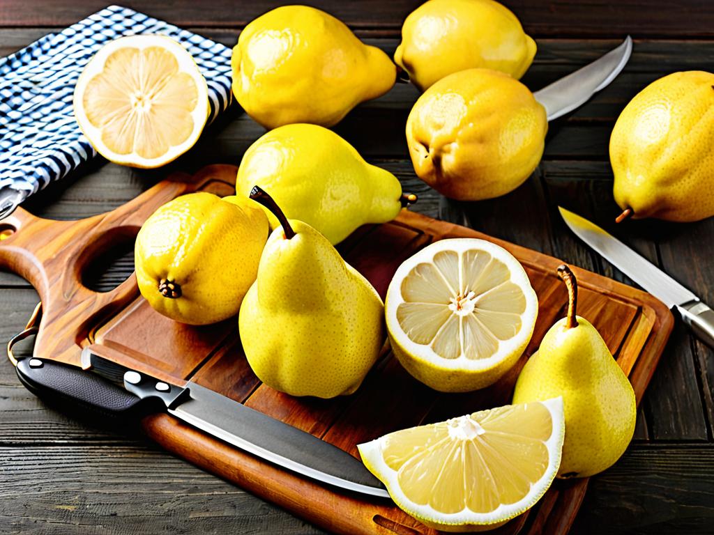 Спелые желтые груши и лимоны на деревянной разделочной доске с ножом
