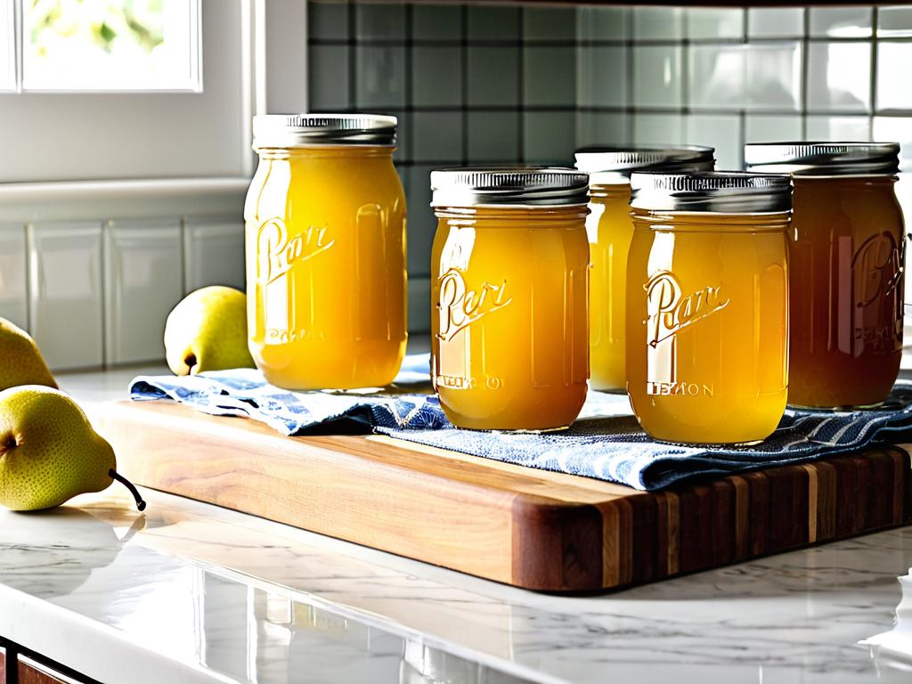 Домашний джем из груши с лимоном остывает в банках на кухонной стойке