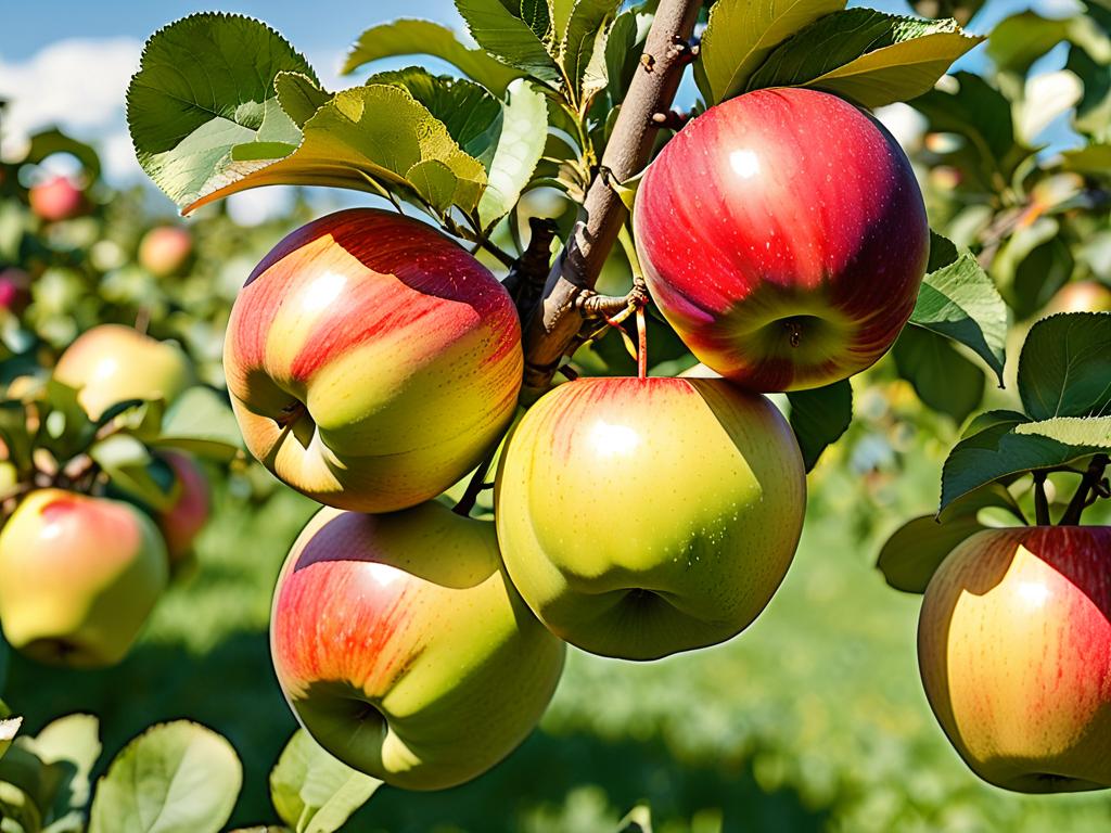 Фото яблок сорта Богатырь на фоне сада, видны разные стадии созревания