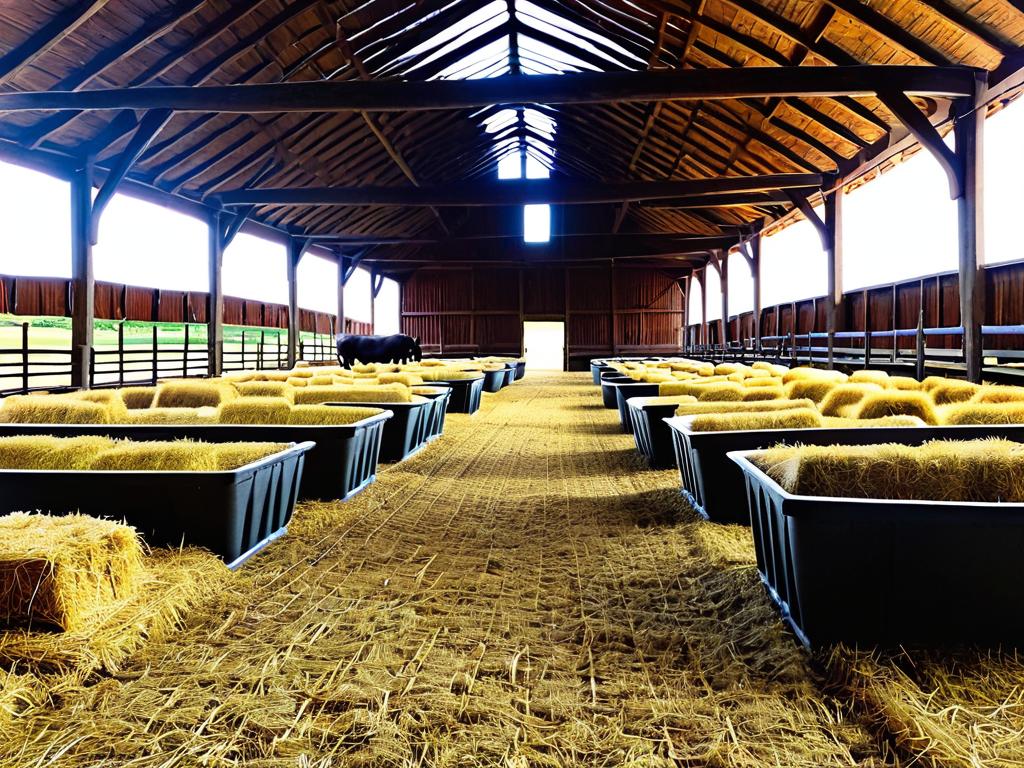 Интерьер коровника с рядами кормушек для скота и рулонами сена