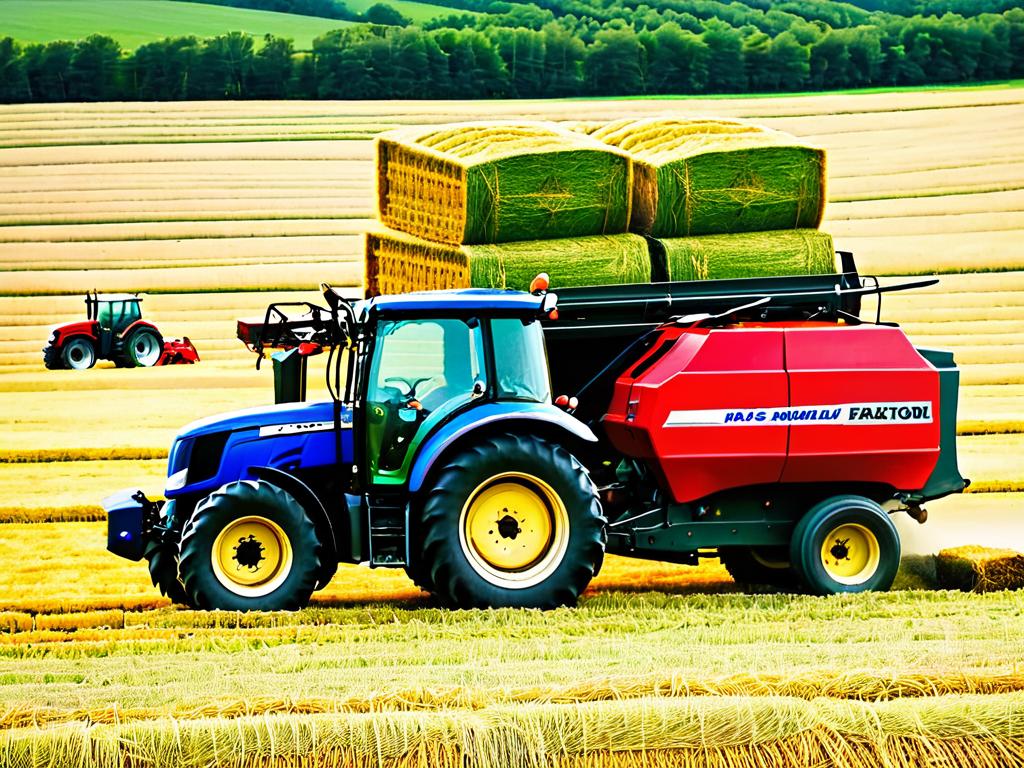 Фермер заготавливает сено на поле при помощи трактора с пресс-подборщиком
