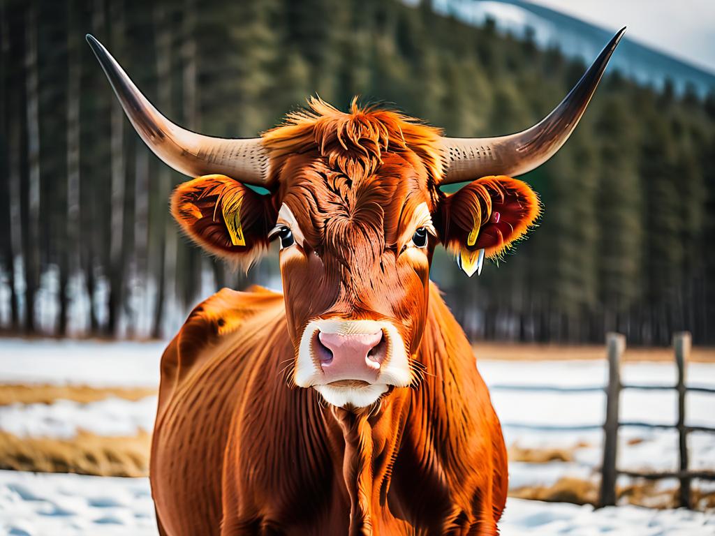 Портрет рыжей калмыцкой коровы с длинными изогнутыми рогами смотрит в камеру
