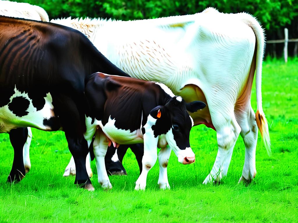 Калмыцкий теленок пьет молоко из вымени своей матери на зеленой траве
