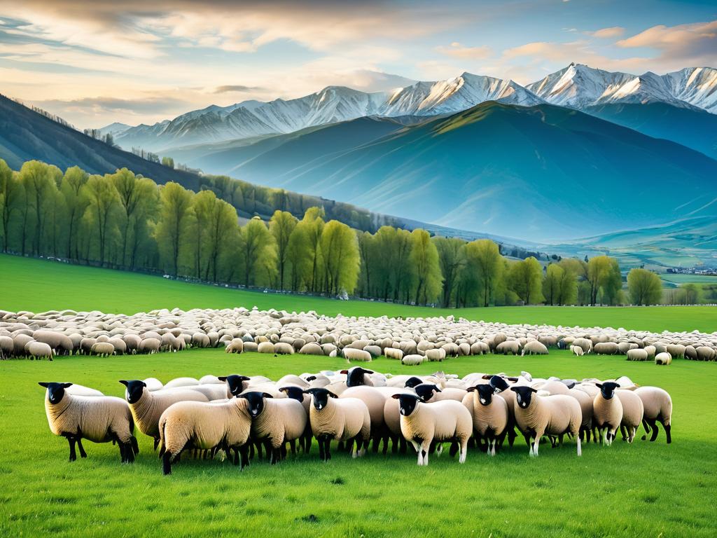 Стадо овец на зеленом лугу с горами на заднем плане. Главное фото, иллюстрирующее статью об