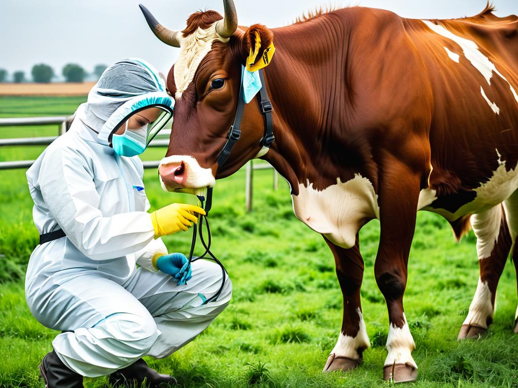 Ветеринарный врач в защитном костюме осматривает больную корову с симптомами сибирской язвы на ферме