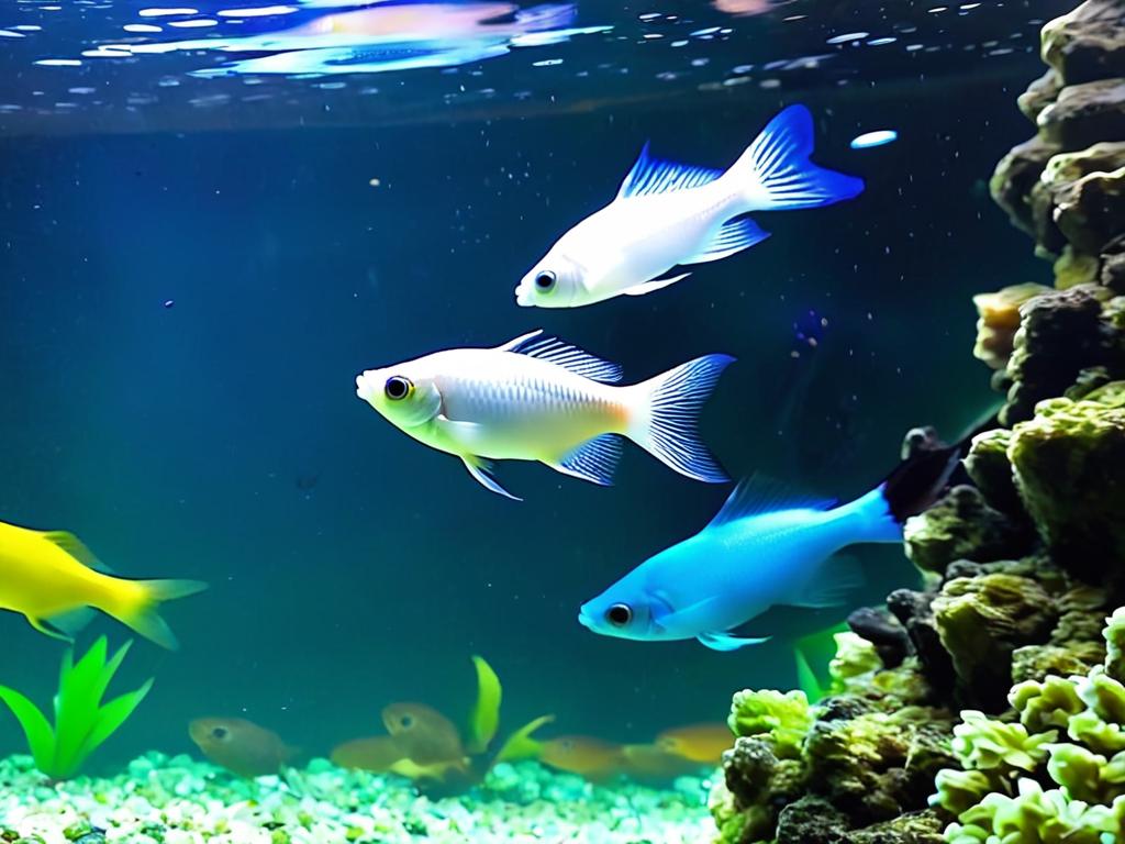 Мальки рыб плавают в аквариуме