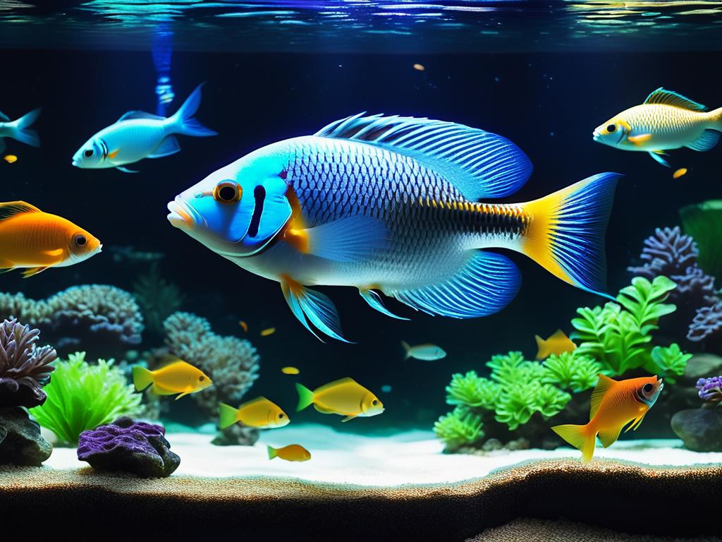 Рыбки плавают в аквариуме без света ночью