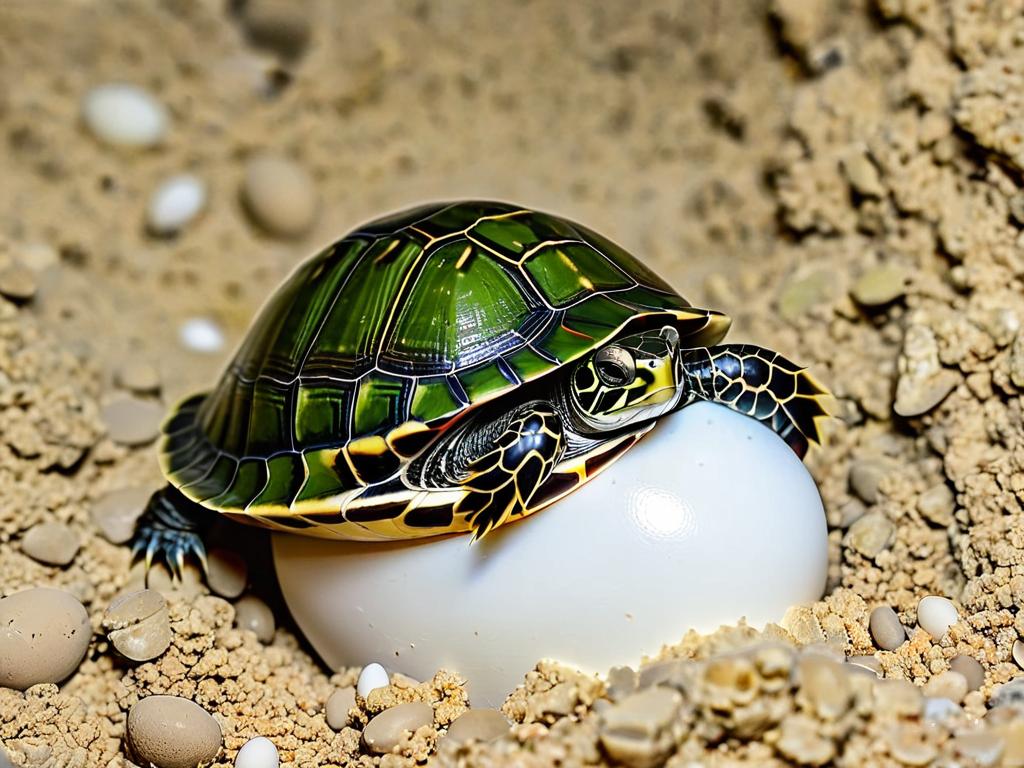Маленькая красноухая черепаха вылупляется из яйца в инкубаторе, крупный план